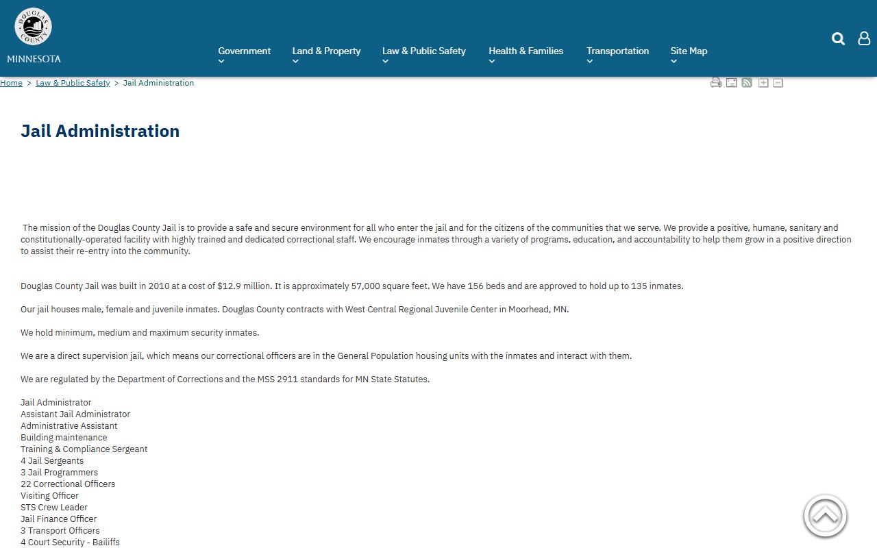 Douglas County Jail administration page for inmate population and jail capacity