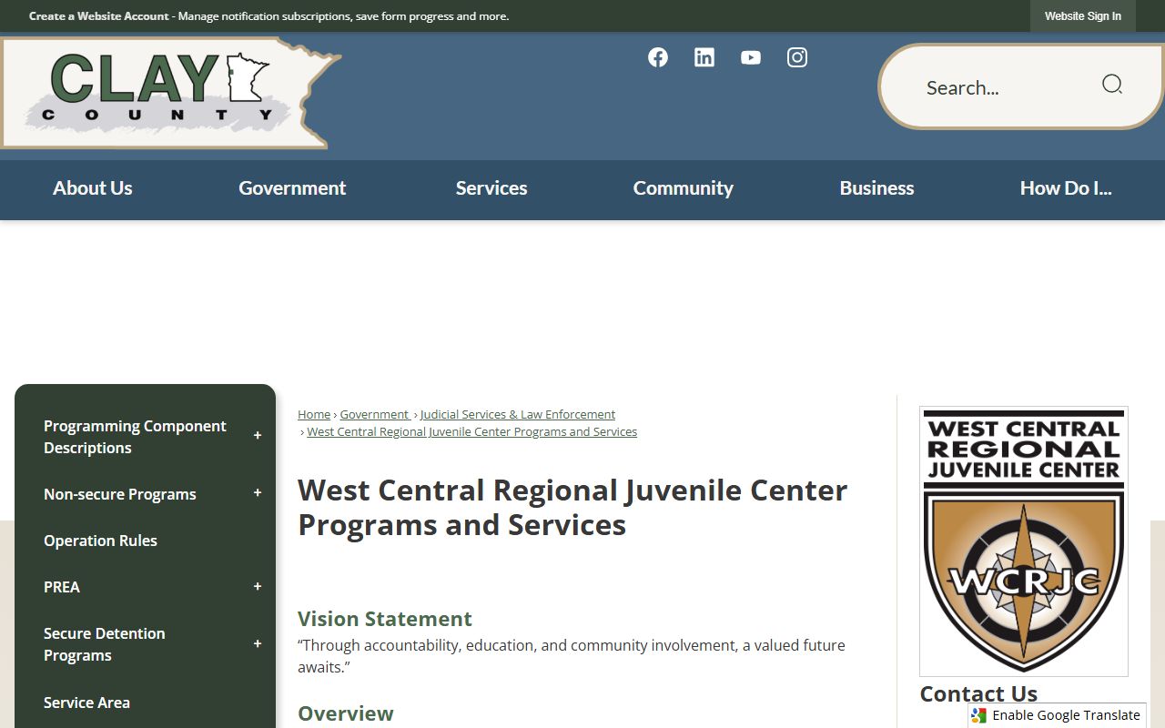 West Central Regional Juvenile Center public page for Douglas County juvenile detention